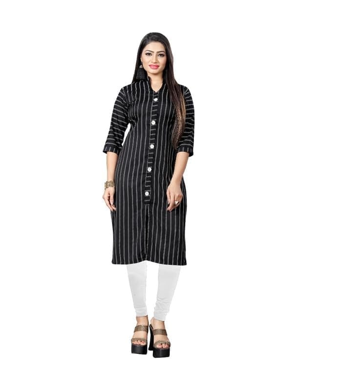 Women's Casual 3/4th Sleeve Floral Printed Crepe Kurti (Black, L)-PID46188
