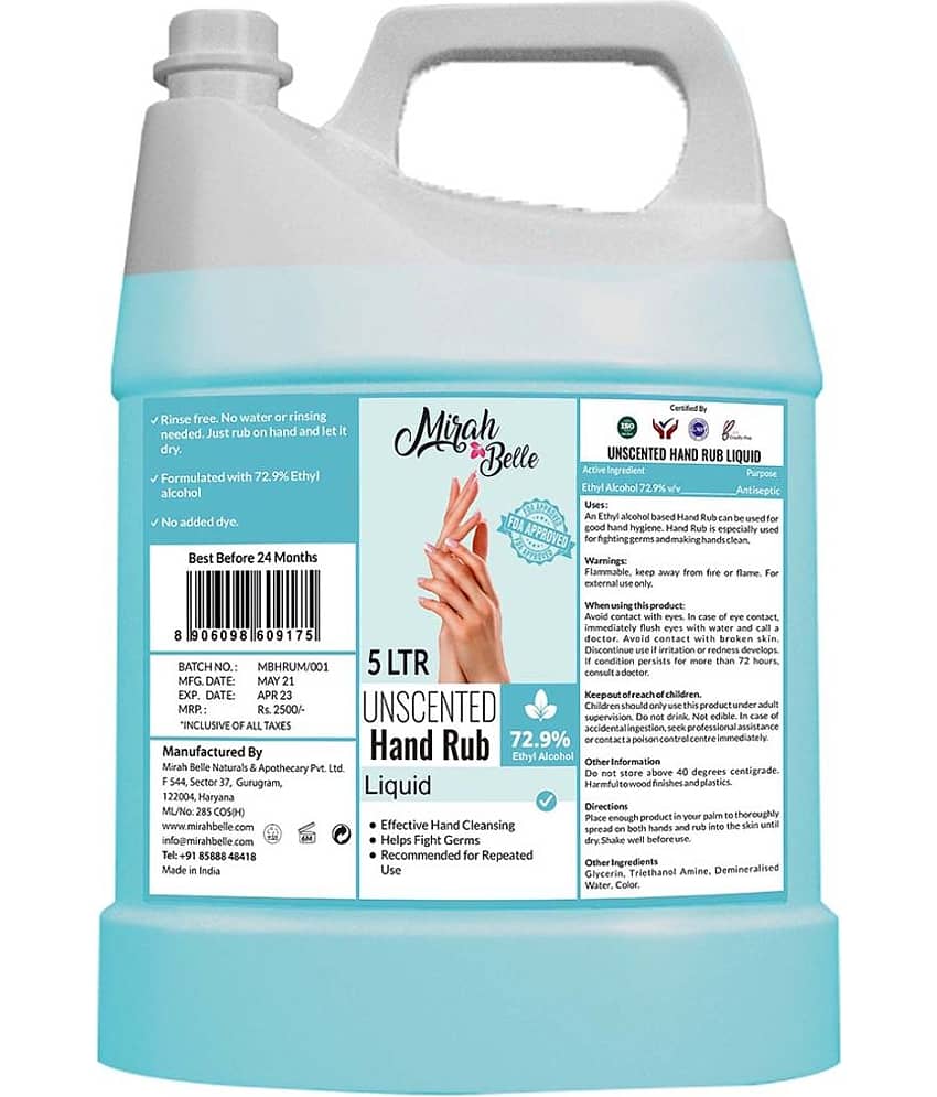 Mirah Belle Unscented - Hand Rub Sanitizer Liquid Can (5 Ltrs) Sanitizers 5000 mL Pack of 1