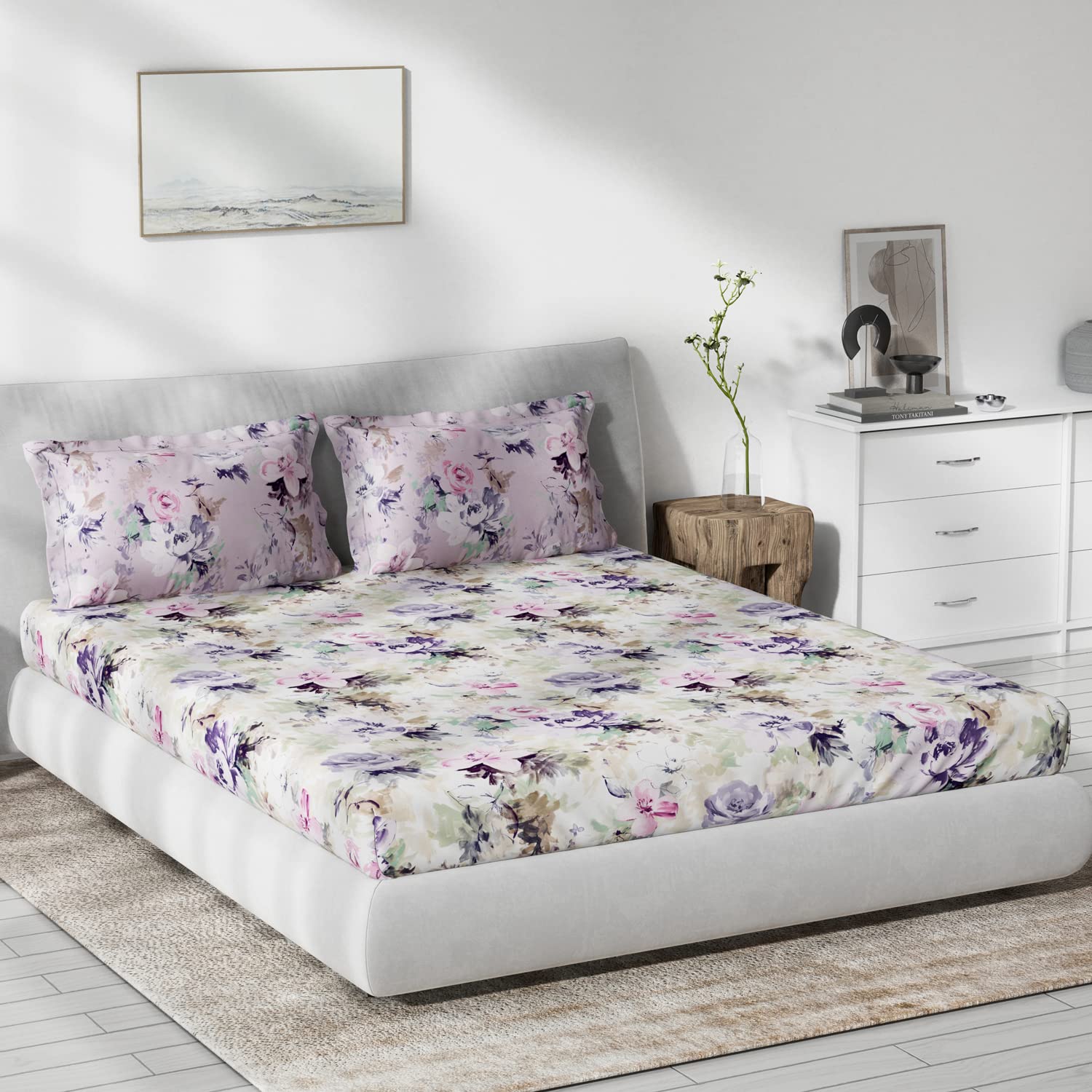 DDECOR - Primary Collection 100% Cotton Floral Pattern 136TC King Bedsheet |229 CM X 274 CM| with 2 Pillow Covers - Purple