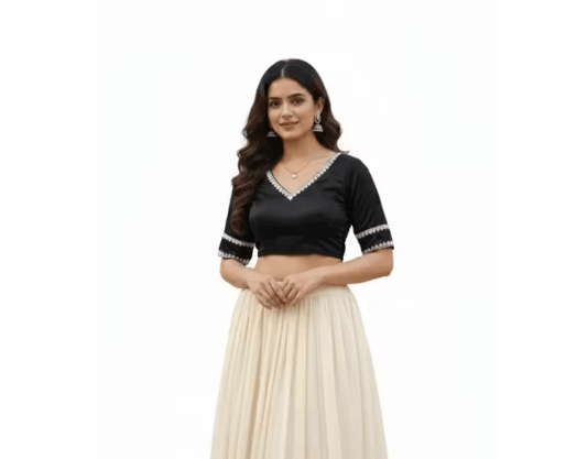 Black Cotton Silk les V-Neck Elbow Sleeve Design Blouse for Women