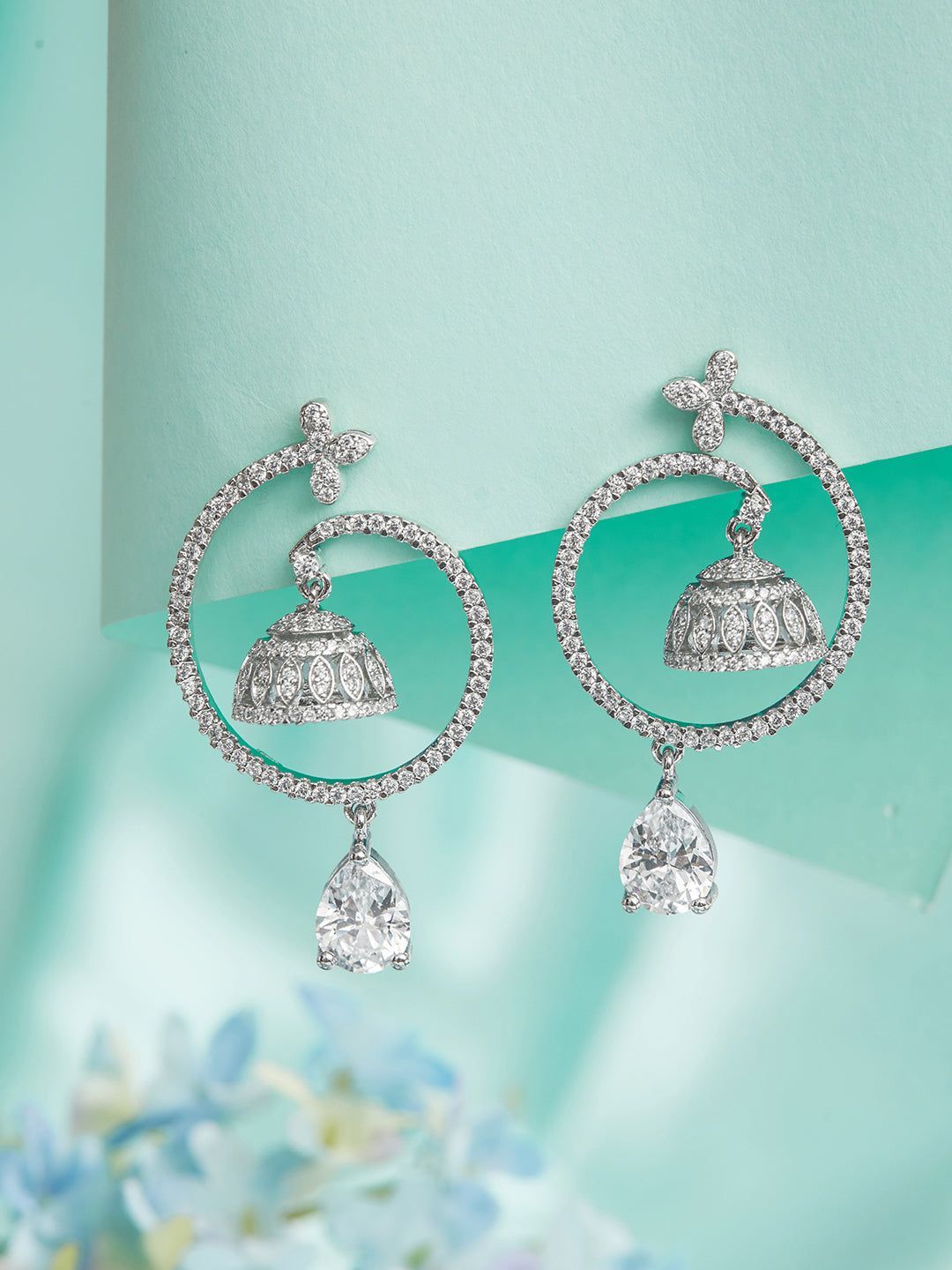 925 Sterling Silver Rhodium Plated Chandbali Drop Earrings