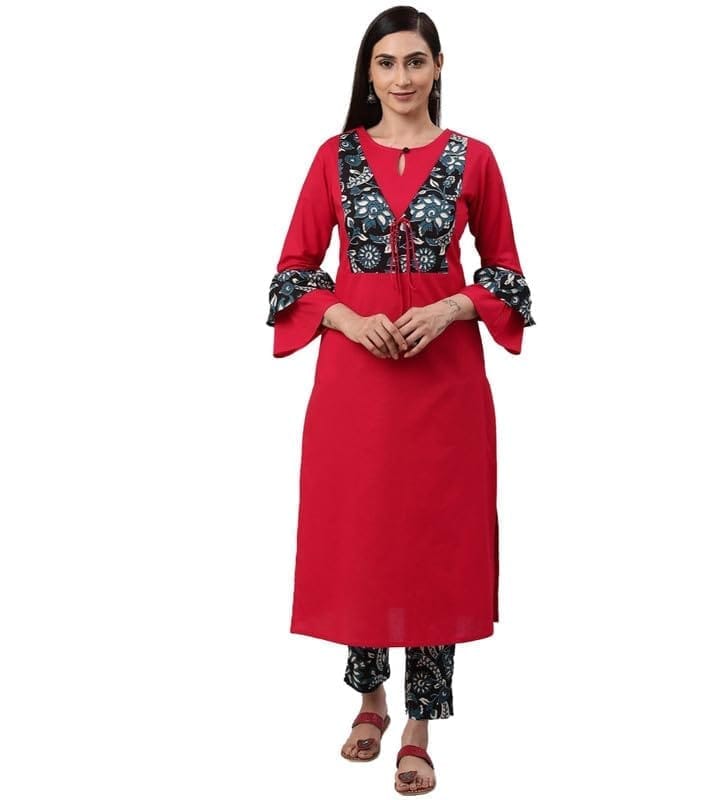 Women's Casual Bell Sleeves Floral Printed Cotton Kurti Set (Rani Pink, 2XL)-PID48567