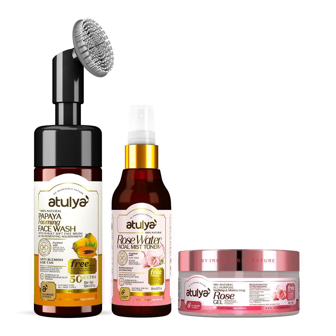 Atulya Papaya Foaming Face Wash + Rose Water Toner + Rose Gel Combo