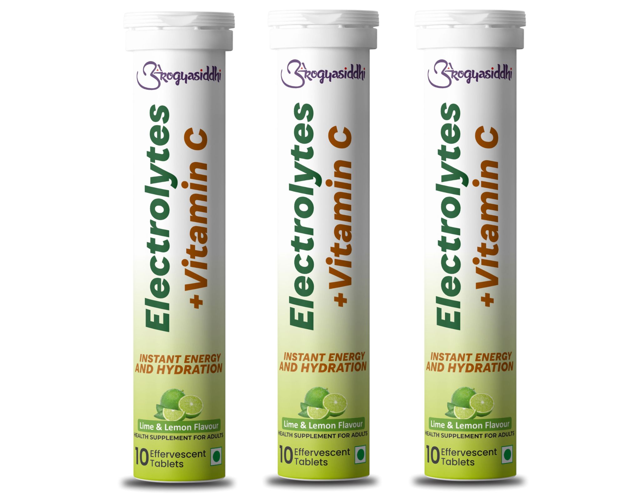 Electrolytes with Vitamin C for Instant Energy and Hydration, Lime&Lemon Drink, 10 Effervescent Tablets - Pack of 3