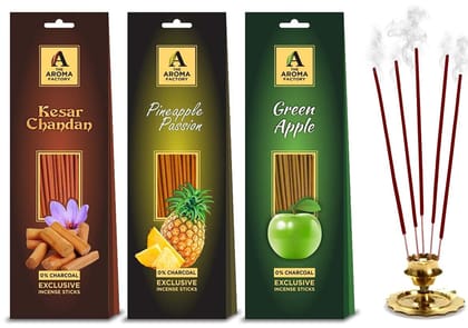 The Aroma Factory Agarbatti Combo - Pineapple, Green Apple, Chandan Incense Sticks, Charcoal Free & Low Smoke Agarbatti with Essential Oils & Natural Fragrance for Home, Offices (30Sticks X 3 Packet)