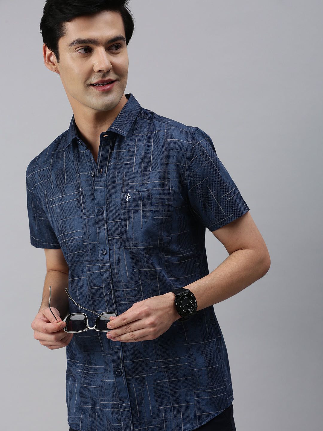 CP BRO Men's Cotton Half Sleeve Printed Slim Fit Collar Neck Navy Blue Color Woven Shirt | Sbo1-09 A