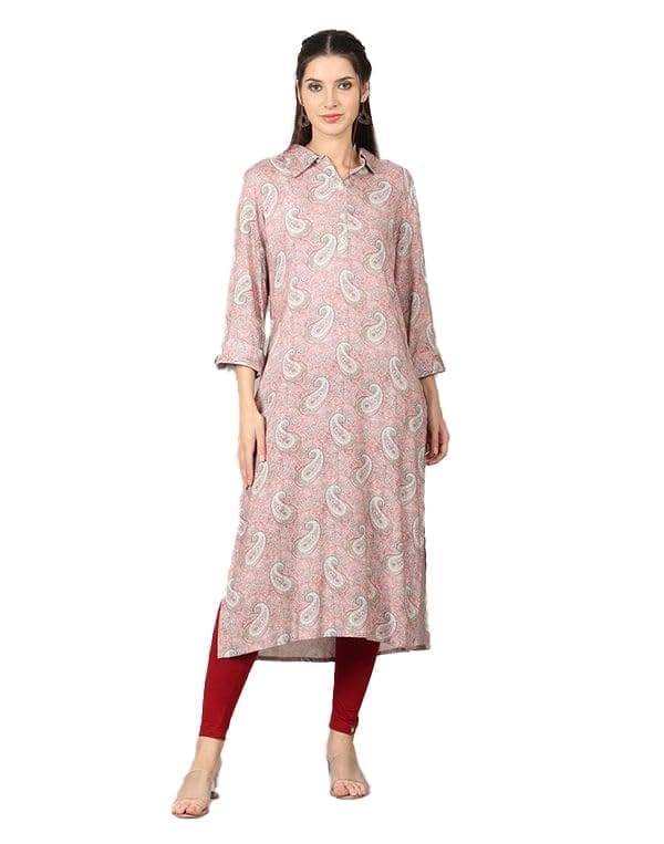 Women's Casual 3/4 Sleeve Viscose Rayon Printed Kurti (Pink, M)-PID46401