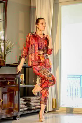 Serisha Red Raw Silk Printed T-shirt With Waistcoat And Trousers Co-Ord Set