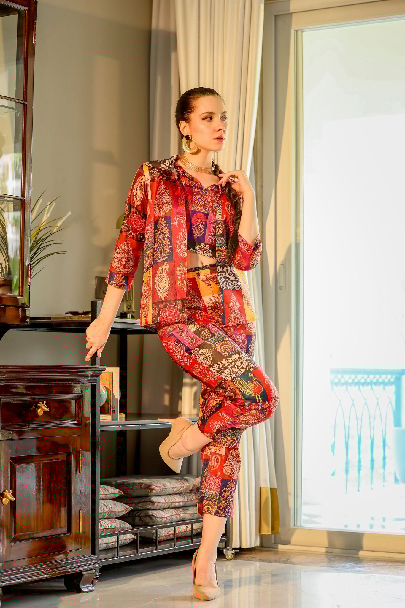 Serisha Red Raw Silk Printed T-shirt With Waistcoat And Trousers Co-Ord Set