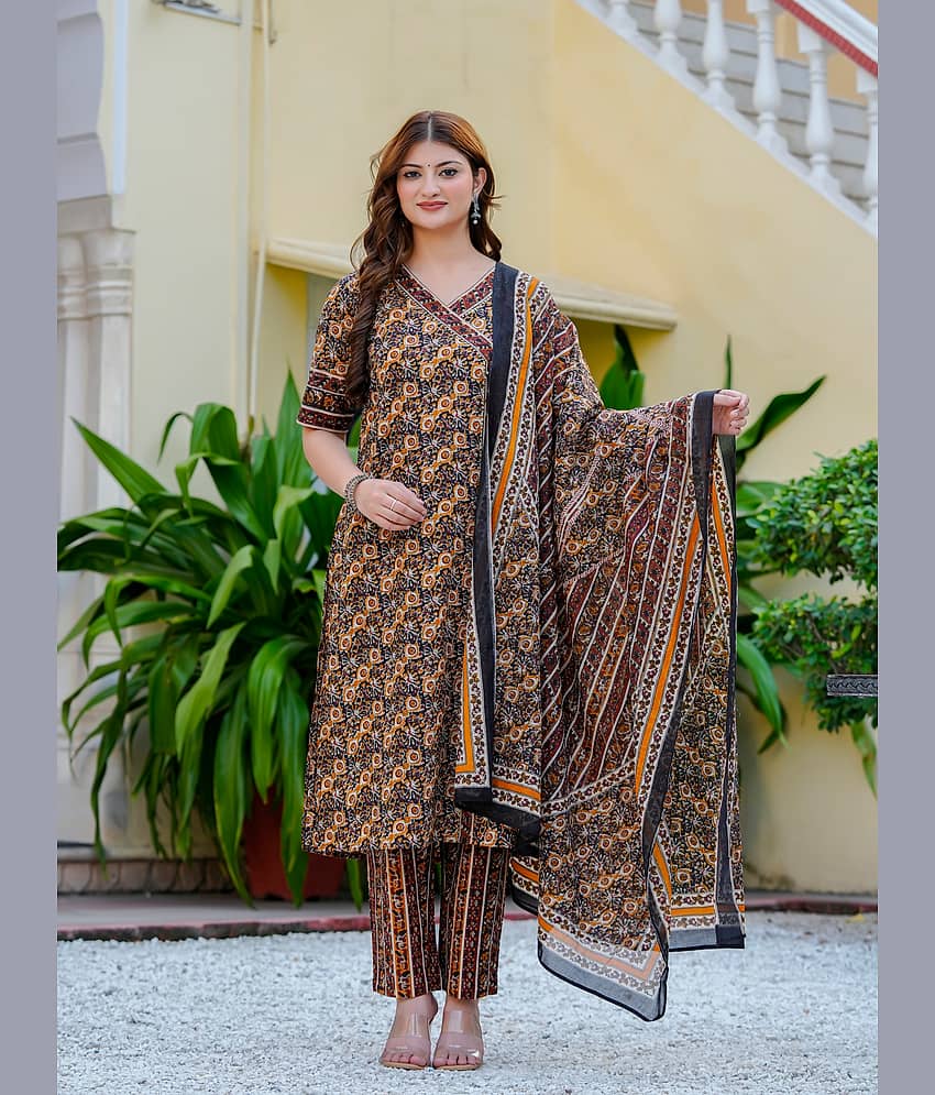 Yash Gallery Women Cotton Printed Angrakha Kurti With Pants ( Maroon )