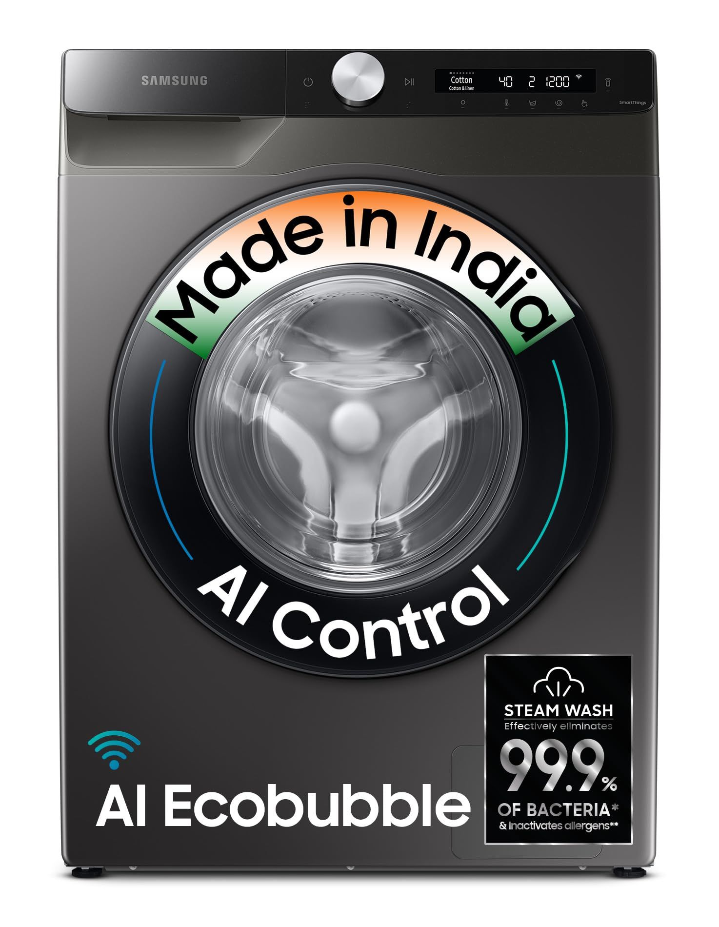 Samsung 8 kg, 5 star, AI Control, AI Eco Bubble, Wi-Fi, Digital Inverter, Motor, Fully-Automatic Front Load Washing Machine (WW80T504DAX1TL, Hygiene Steam, Inox) Samsung 8 kg, 5 star, AI Control, AI Eco Bubble, Wi-Fi, Digital Inverter, Motor, Fully-Autom