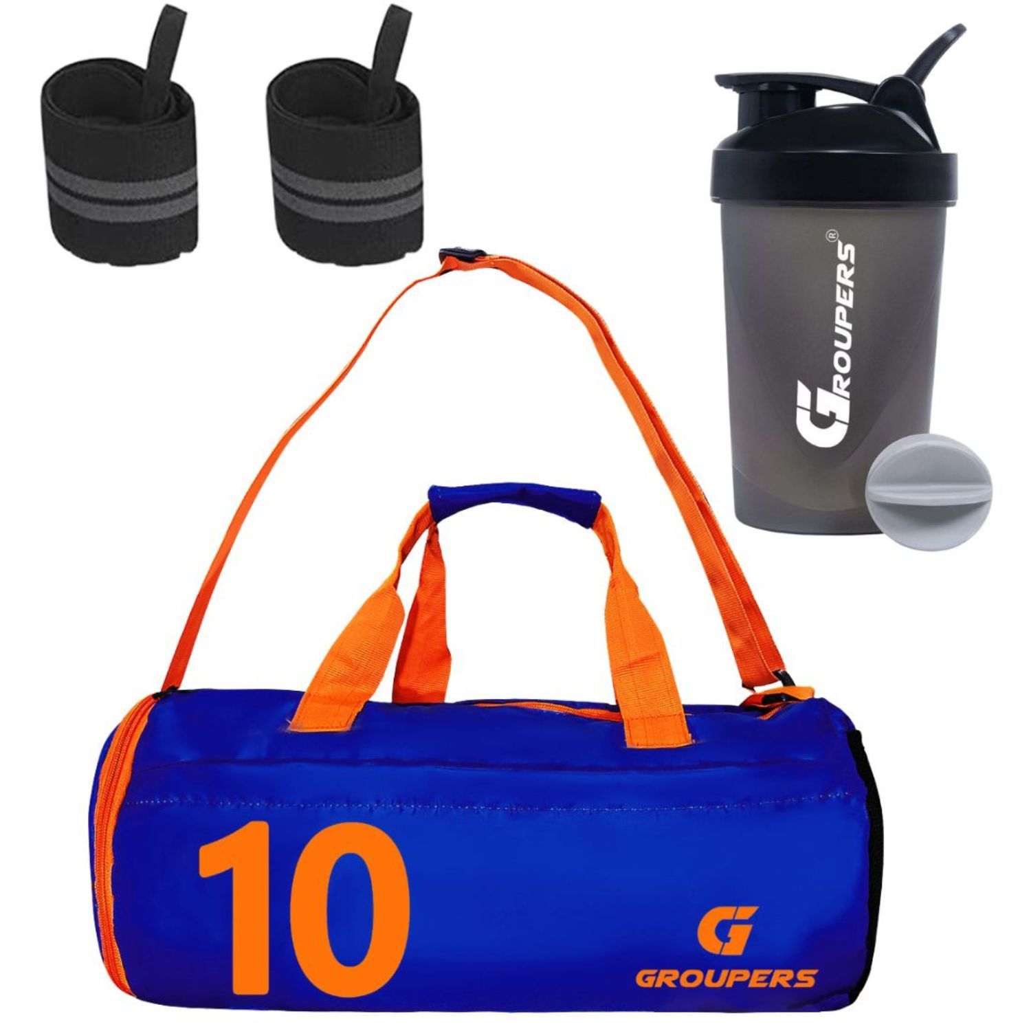 GROUPERS Combo Set of Duffle Polyester Bag with Shaker Bottle-400ml & Wrist BandlSports & Travel Bag (Blue 10)