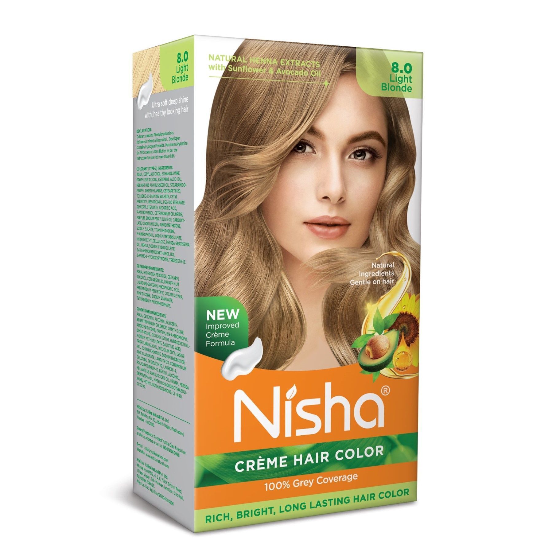 Nisha Creme Hair Color 8.0 Light Blonde 120g, Permanent Hair Colour with Henna Extract, 100% Grey Coverage