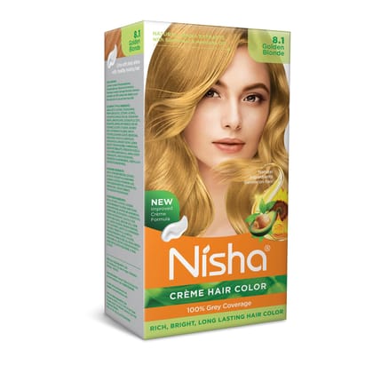 Nisha Creme Hair Color 8.1 Golden Blonde 120g, Permanent Hair Colour with Henna Extract, 100% Grey Coverage