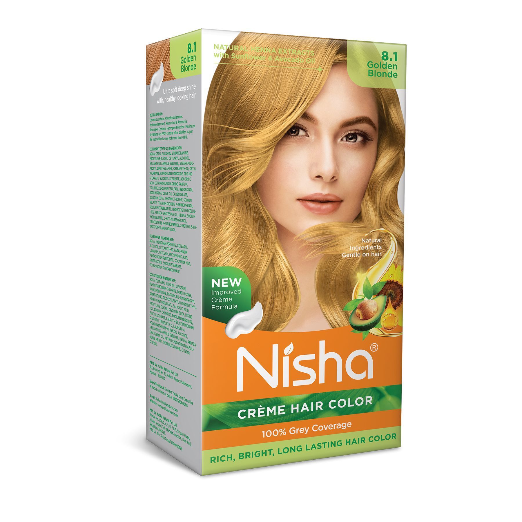Nisha Creme Hair Color 8.1 Golden Blonde 120g, Permanent Hair Colour with Henna Extract, 100% Grey Coverage