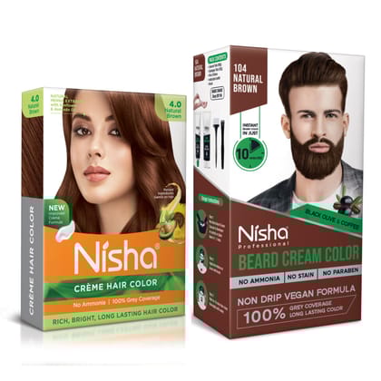 Nisha Hair Colour and Beard Colour Natural Brown, Permanent Hair Color 40g and Beard Color for Men 120g