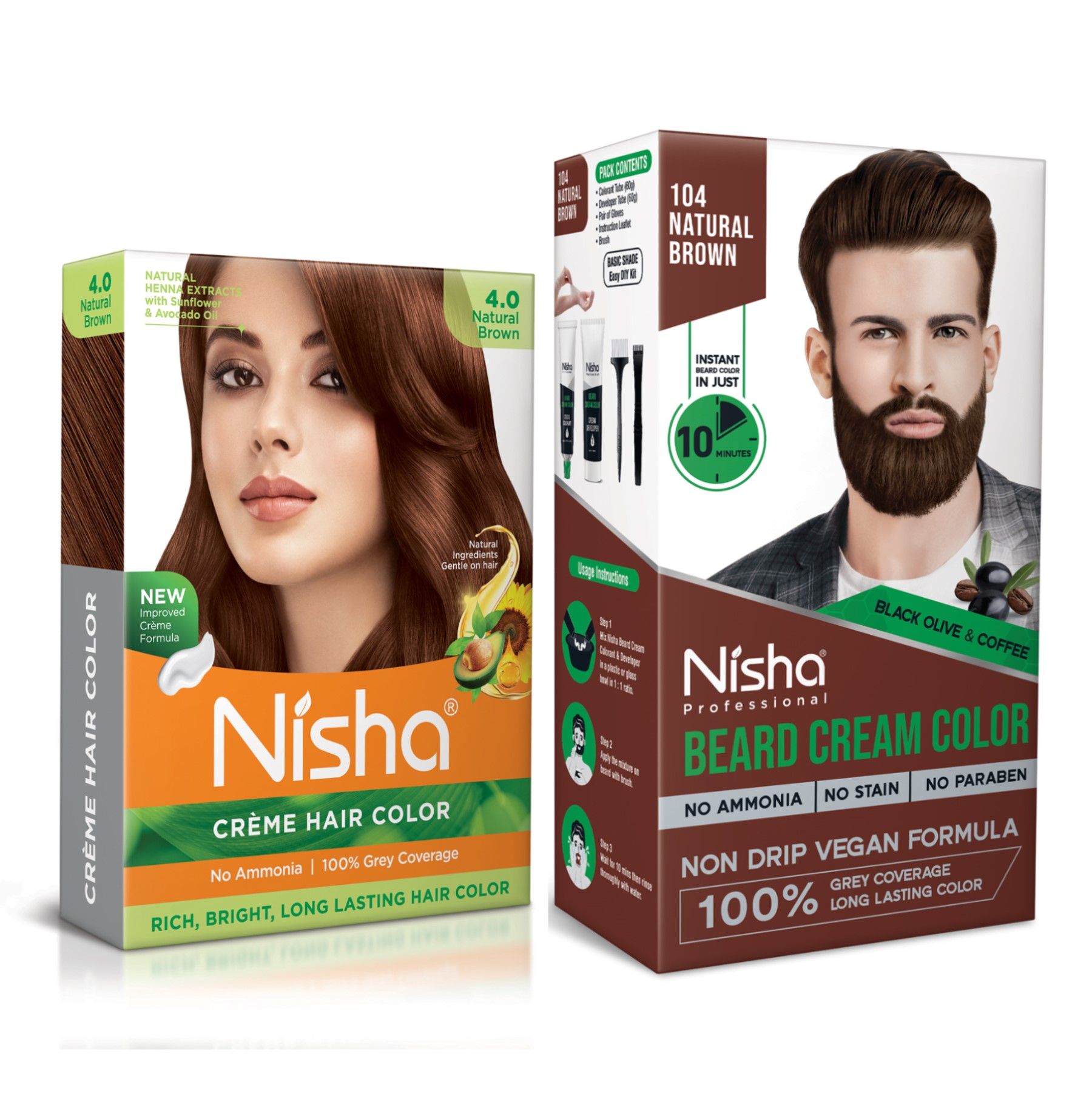 Nisha Hair Colour and Beard Colour Natural Brown, Permanent Hair Color 40g and Beard Color for Men 120g