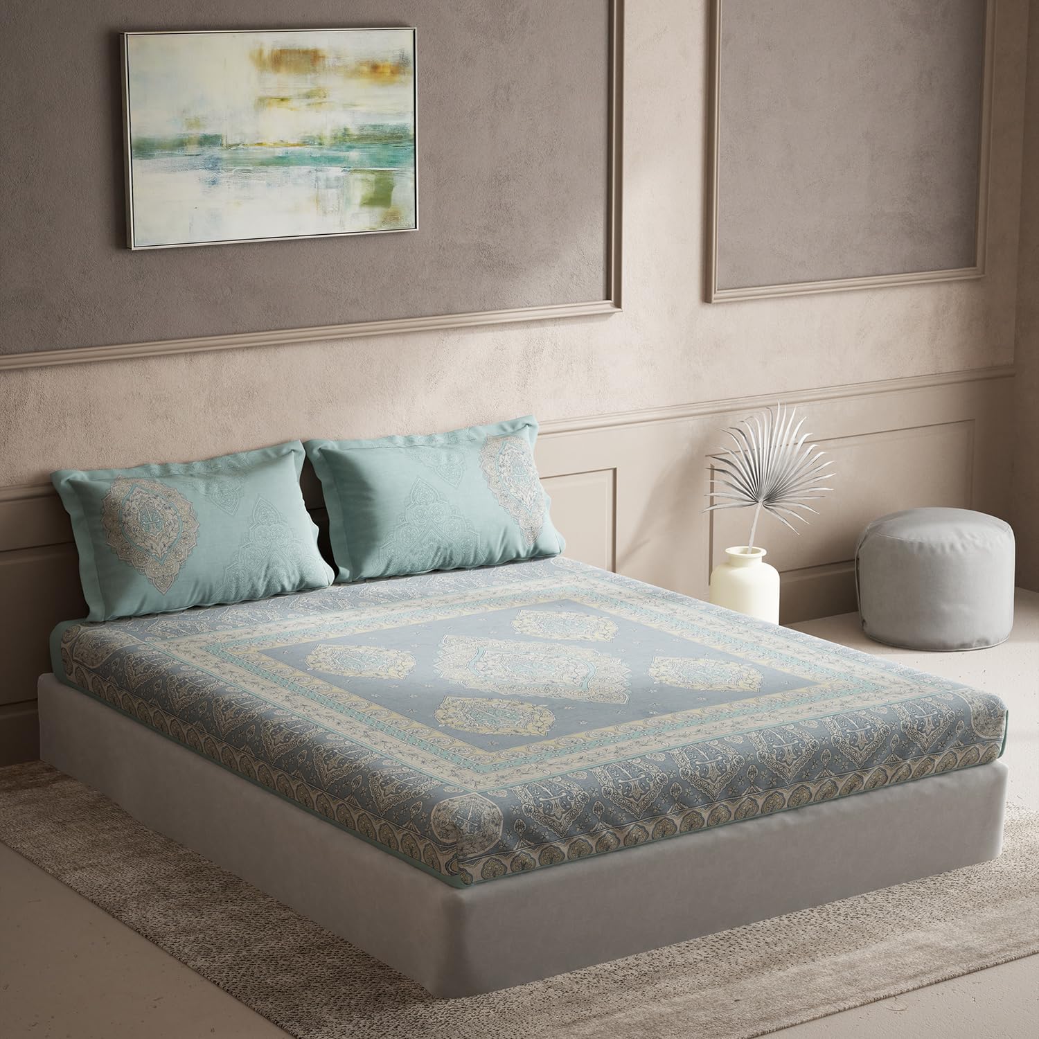 DDECOR - Souvenir Collection 100% Cotton Ethnic Pattern 145TC Super King |274 CM X 274 CM| with 2 Pillow Covers - Blue