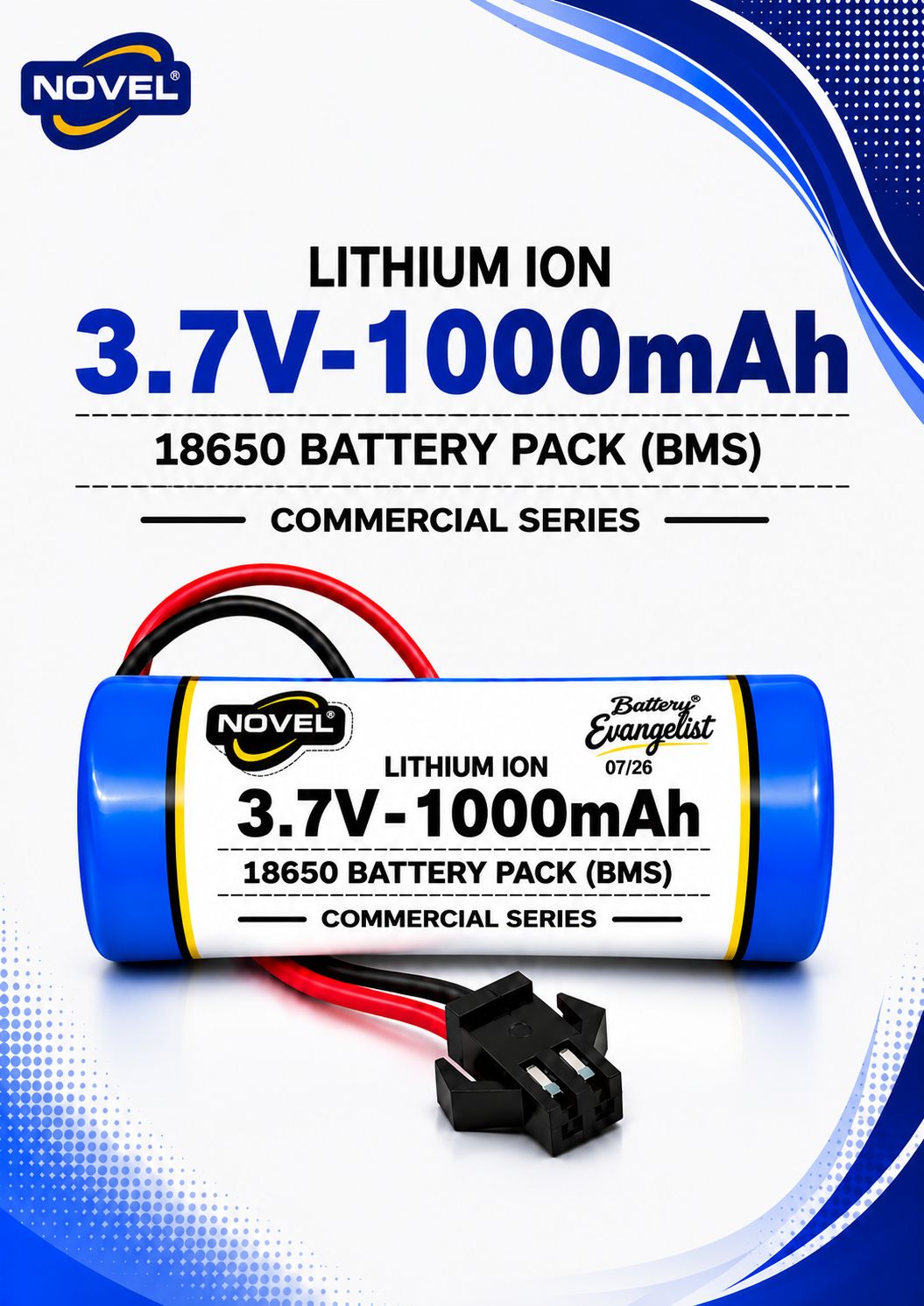 NOVEL 3.7V 18650 LITHIUM ION SM PIN BATTERY WITH CHARGING CABLE- 1000mAh