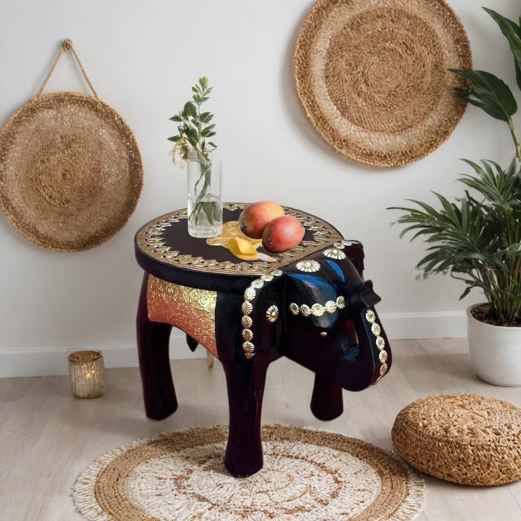 Handcrafted Wooden Elephant Stool & Side Table � Black Finish with Gold Embossed Floral Work, Traditional Indian Decor, Multipurpose Accent Furniture