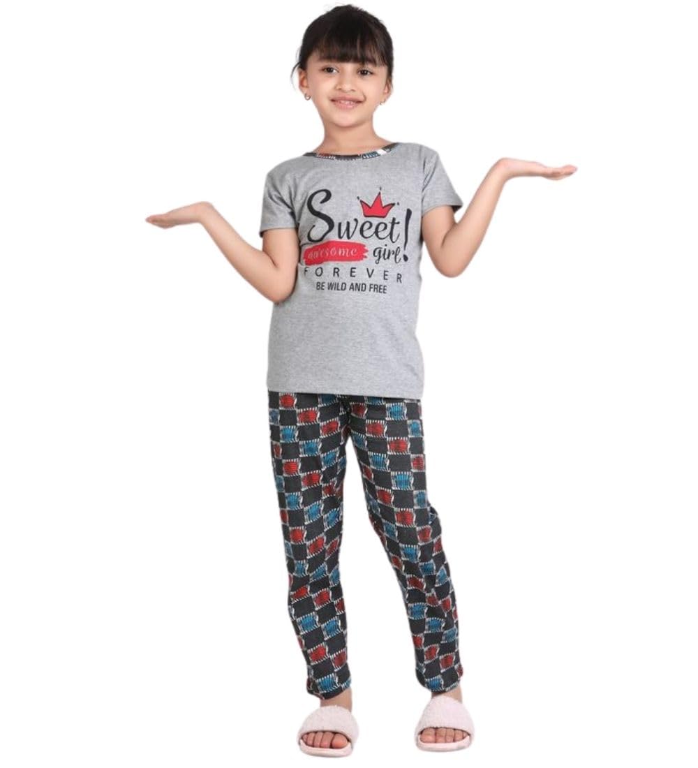 Girl's Cotton Hosiery Printed Night Suit Set (Grey-Red, 4-5-Yrs)-PID66142