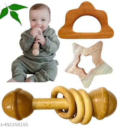 Natural Neem Wood Rattles & Teethers  Safe, Sustainable, Soothing Star & Cloud Neem Wood Teethers  Natural, Safe, Soothing