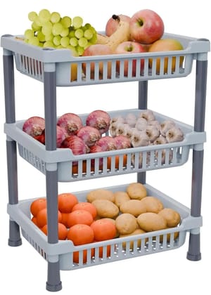 FOXTAIL 3 Layer Kitchen Rack Stand for Storage | Multipurpose Vegetable Stand with Plastic Baskets | Durable Onion Potato Storage Organizer for Kitchen (Grey)