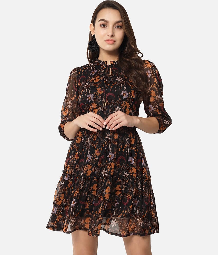 ALL WAYS YOU Women Georgette Printed Fit & Flare Dress ( Black )