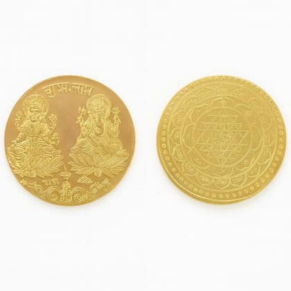 Lakshmi Ganesha & Shri Yantra Brass Coin (7 Pieces) � 32 mm Diameter � Lakshmi Ganesh Coins � Golden Finish Pocket Coins for Pooja, Temple & Business Growth � Energized Hindu Puja Coin for Wealth