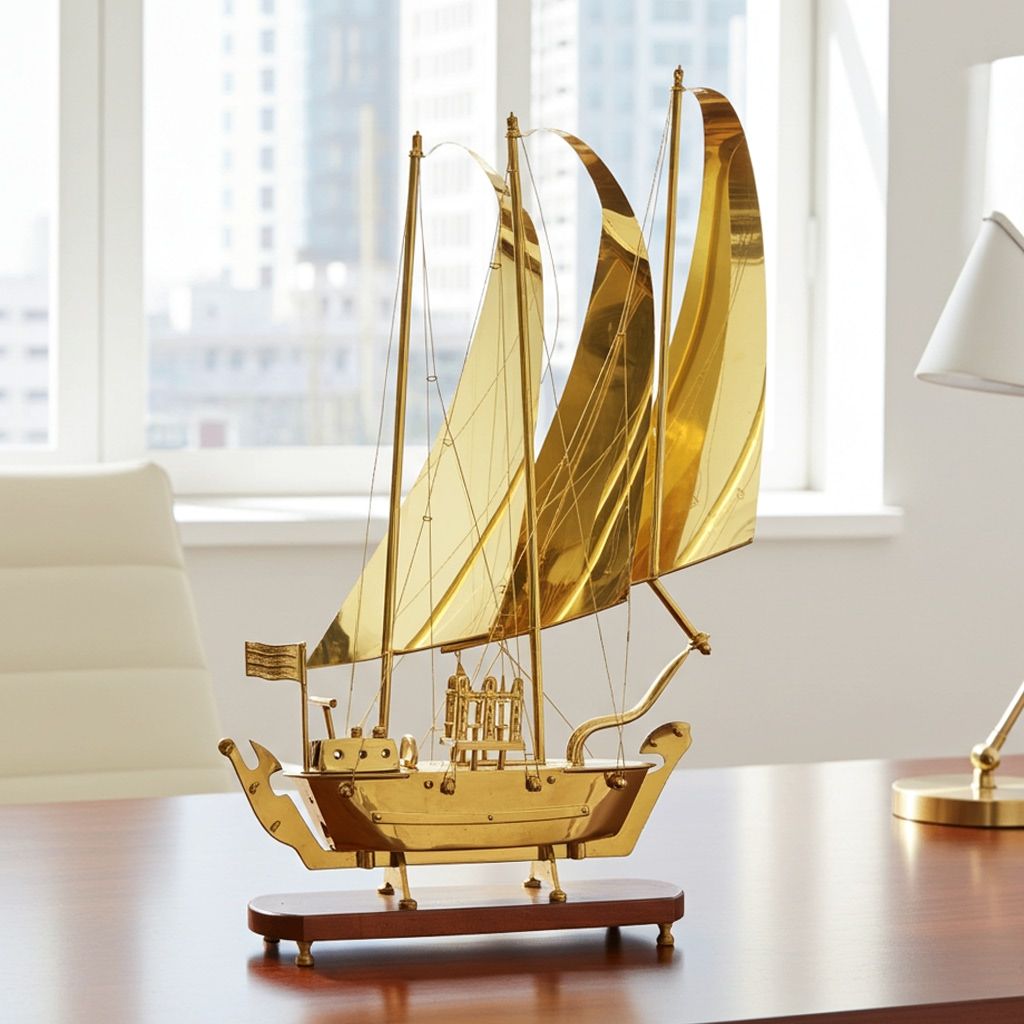 Classic Brass Ship Model for Living Room Decor with Wooden Base, Height : 19 Inch (MRMAS129 C)
