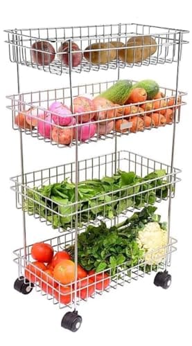 Privesh Stainless Steel Kitchen Storage Rack, Folding Perforated Design Trolley for Spice, Fruits, Vegetable,
