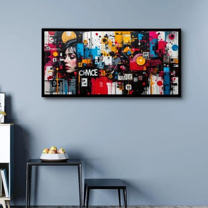 Luminary Neon Syntax – Urban Graffiti Abstraction Museum-Quality Cotton Canvas Art for Creative Workspace Décor | Frame Size (127 X 69 Cm) | Frame Type (Black) | 5-Year Warranty