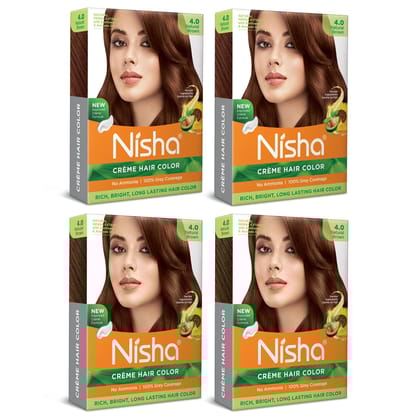 Nisha Creme Hair Color Natural Brown 40gm Pack of 4, Permanent Hair Color for Women Men, No Ammonia, 100% Grey Coverage