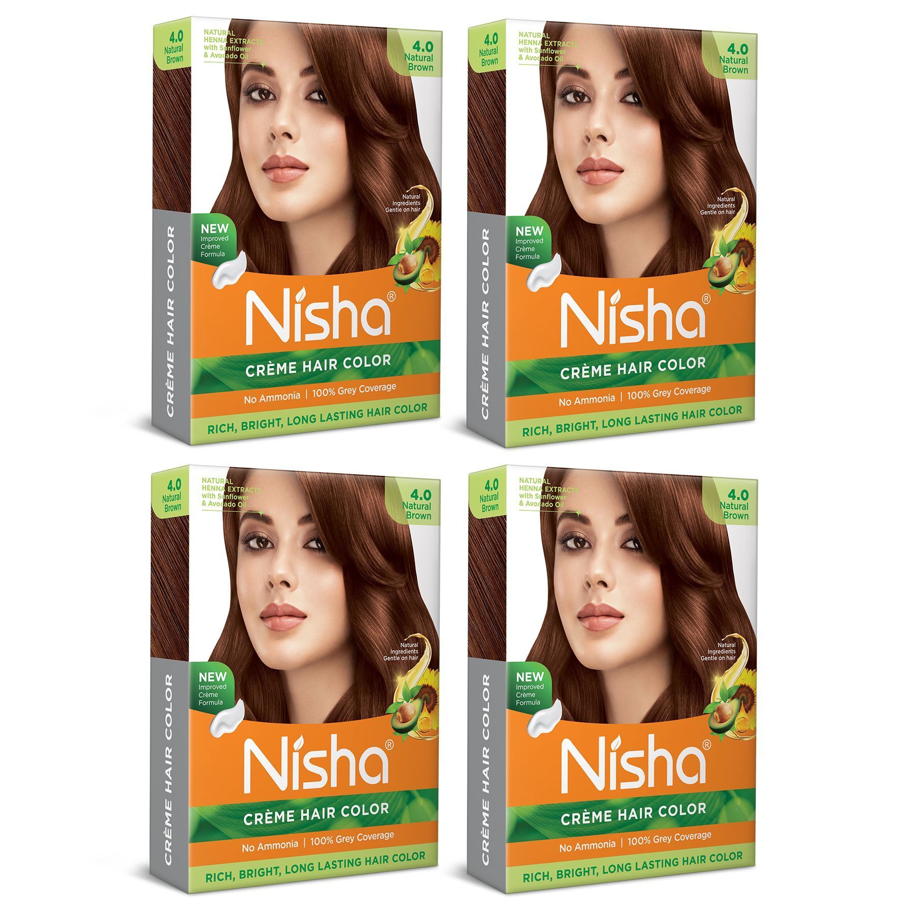 Nisha Creme Hair Color Natural Brown 40gm Pack of 4, Permanent Hair Color for Women Men, No Ammonia, 100% Grey Coverage