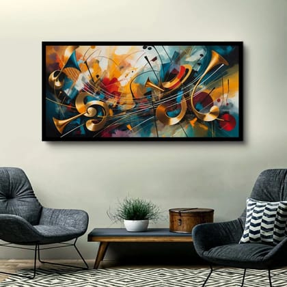 Luminary Golden Crescendo – Abstract Brass Symphony Museum-Quality Cotton Canvas Art for Living Room Décor | Frame Size (127 X 69 Cm) | Frame Type (Black) | 5-Year Warranty
