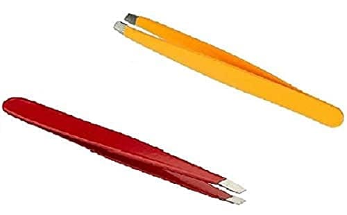 Elecsera Professional Slant Tip Tweezer Plucker for Eyebrow, Upper Lips, Blackhead Removal, Facial Hair For Women & Men, Pack of 2 - Red & Yellow ()