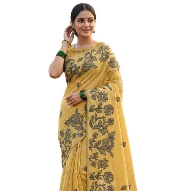 DARSHANS Women's Linen Cotton Printed Saree With Unstitched Blouse 5.5Mtr (Yellow)-PID65302