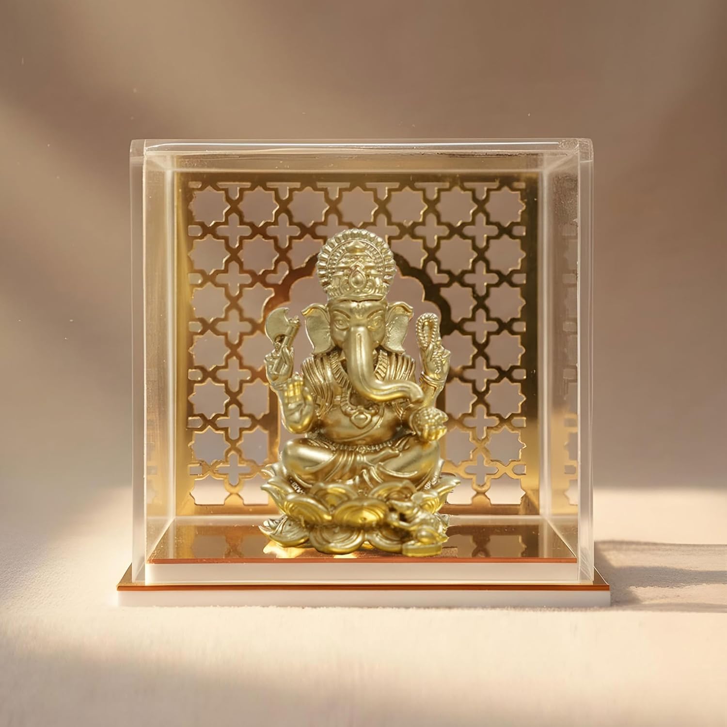 Brahma 3D Farm Kamal Vinayak Ganesha Idol with Temple 3D Printed in Clear Acrylic Display Box, Home Decor, Car Dashboard (2 Inch, Gold)