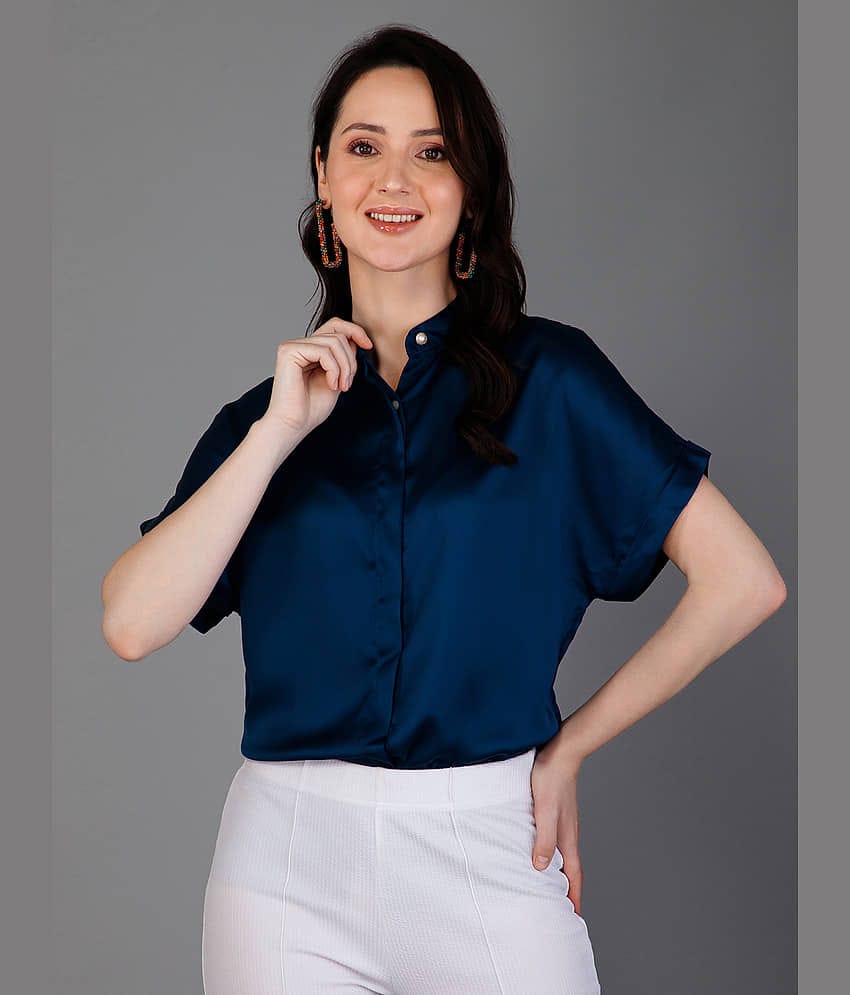 Purys Women Solid Satin Shirt ( Blue )