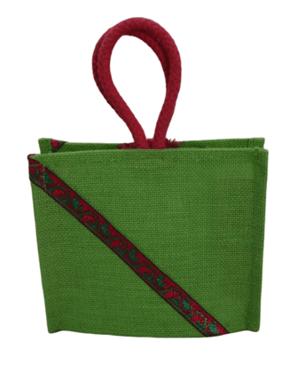 Green Jute Bag with Red Handles and Decorative Ribbon