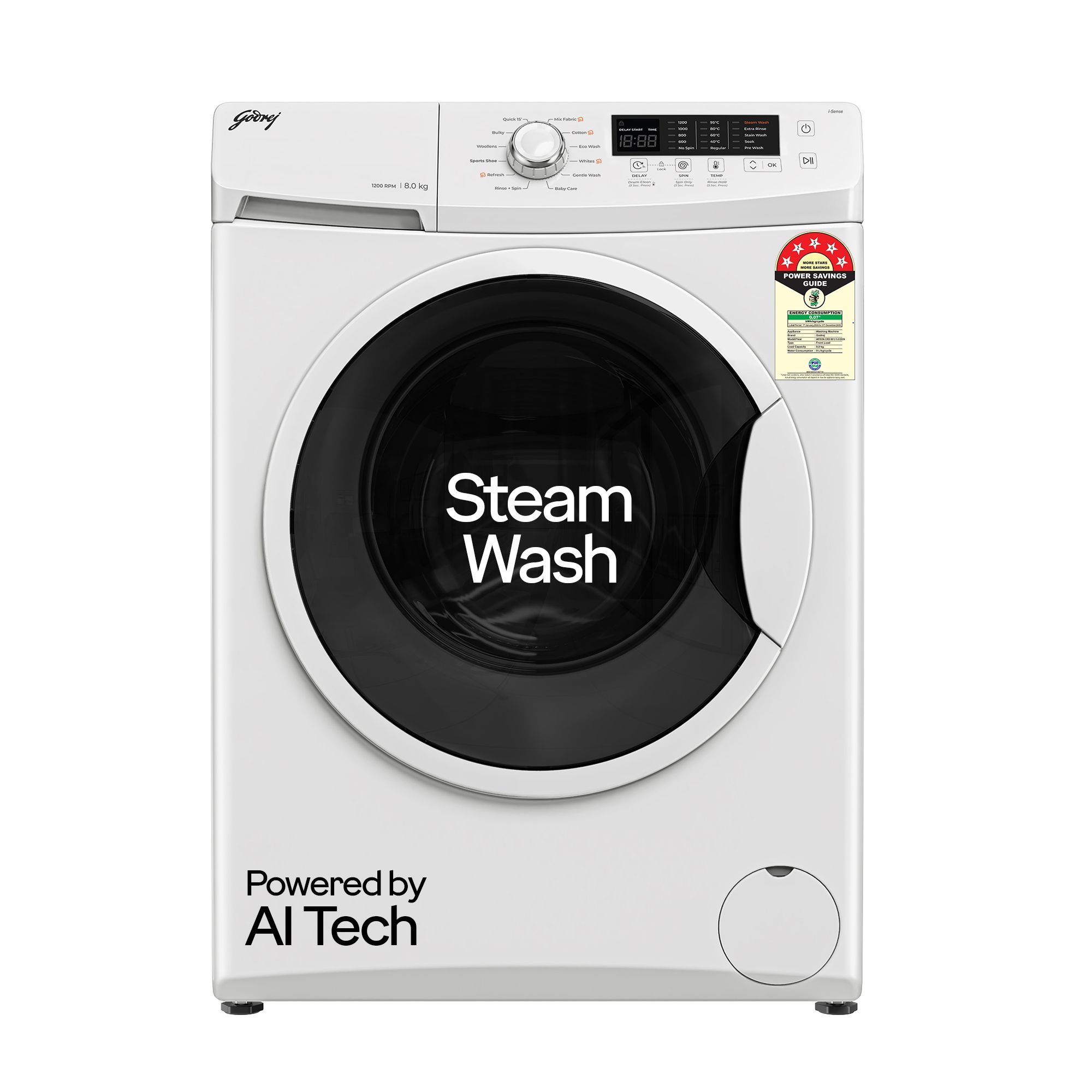 Godrej 8 Kg 5 Star I-Sense Technology Fully-Automatic Front Load Washing Machine (WFEON CRS 8012 5.0 FKEDM GLWH, Inbuilt Heater, Glacial White)