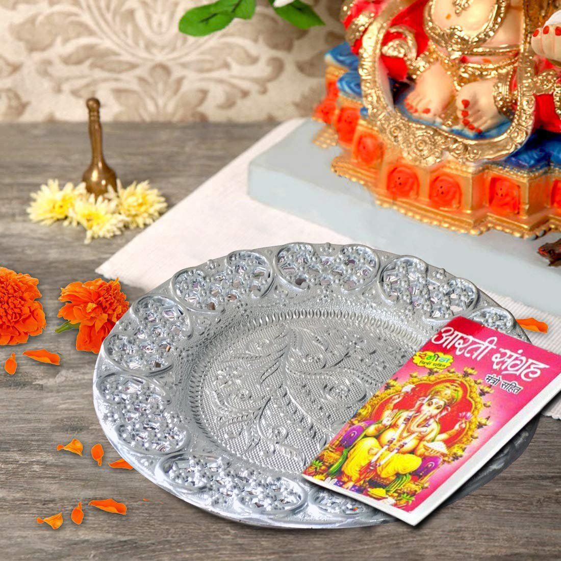 DHRUVINSRI Silver Plated Swastik Pooja Thali Set Glossy Puja Thali