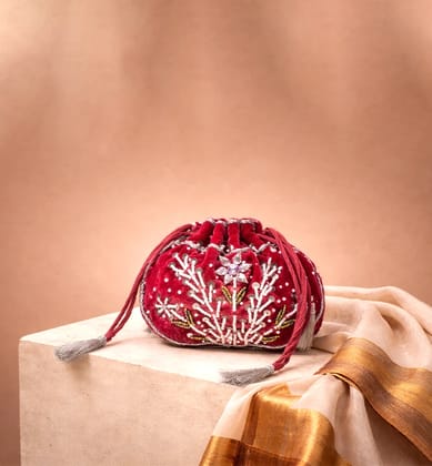 Handcrafted Red Velvet Zari & Zardozi Potli Bag Handcrafted Red Velvet Zari & Zardozi Potli Bag