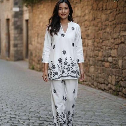 Womens VNeck Embroidered Cotton Tunic Set