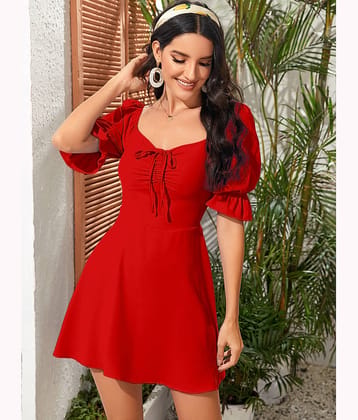 Aahwan Women Polyester Solid Fit & Flare Dress ( Red )