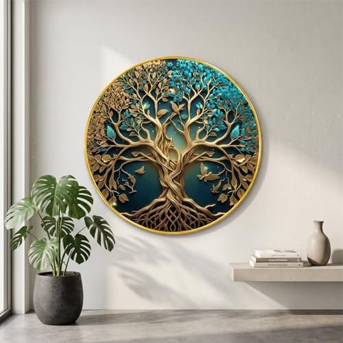 Wall Painting with Birds Golden PVC Frame Round Nature Art Modern Decorative Wall Decor for Living Room Bedroom