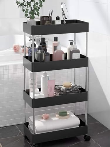 MAX Houser 4 Tiers Metal Storage Trolley with Wheels, Freestanding Multi Layer Rolling Storage Rack for
