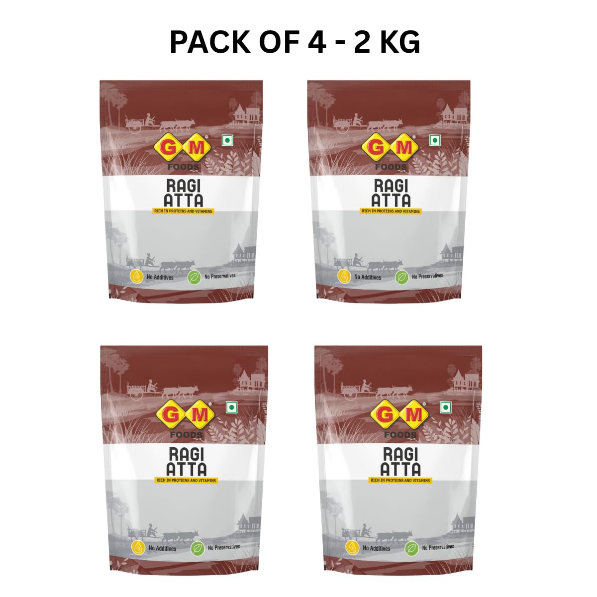 GM Foods Ragi Atta 500g (Pack of 4) | Stone Ground Finger Millet Flour | High in Calcium, Iron & Fiber | Easy Knead, Crack-Free & Soft Rotis | For Healthy Indian Meals | No Preservative
