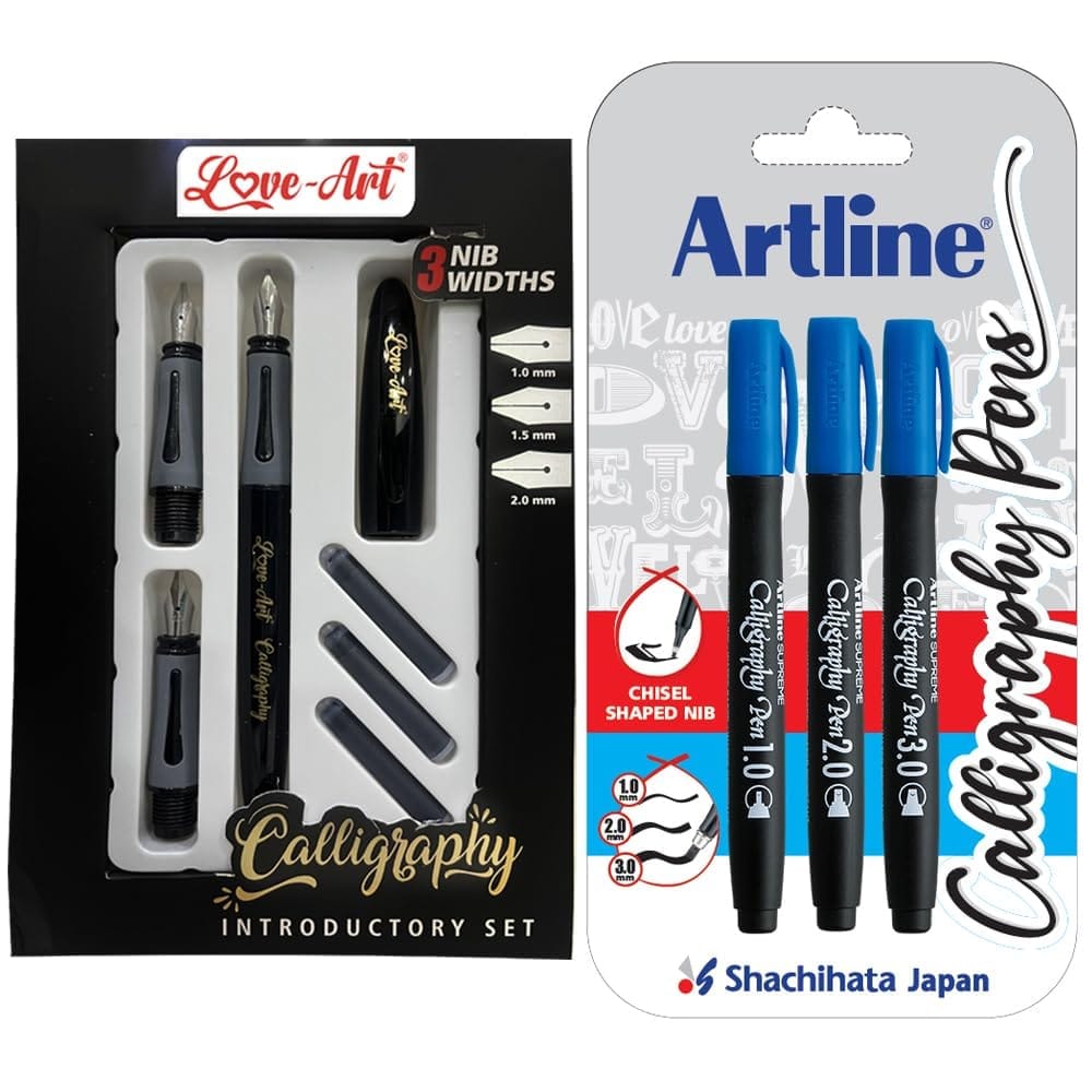 Love-Art Calligraphy Fountain Pen 3 Nibs Set with Ergoline Calligraphy Blue Colour Pack of 3 | For Calligraphy, Journaling, Writing, Sketching, Drawing