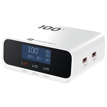 Portronics Adapto 100D, 100W Max Output, 3 x Type C PD Port, 2 X USB-A Port, GaN Technology